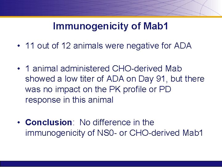 Immunogenicity of Mab 1 • 11 out of 12 animals were negative for ADA