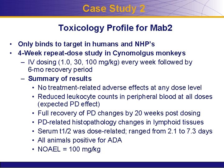 Case Study 2 Toxicology Profile for Mab 2 • Only binds to target in