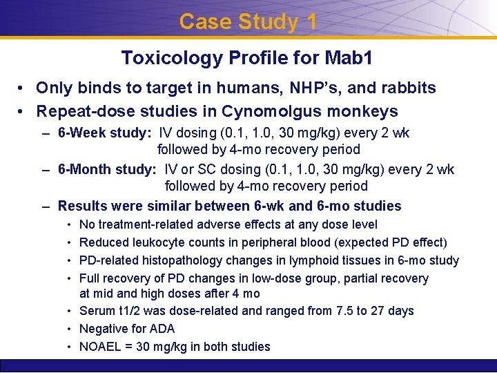 Case Study 1 Toxicology Profile for Mab 1 • Only binds to target in