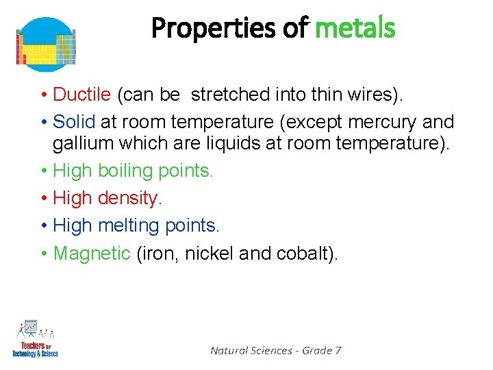 Properties of metals • Ductile (can be stretched into thin wires). • Solid at