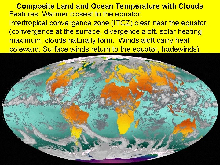 Composite Land Ocean Temperature with Clouds Features: Warmer closest to the equator. Intertropical convergence Composite Land Ocean Temperature with Clouds Features: Warmer closest to the equator. Intertropical convergence