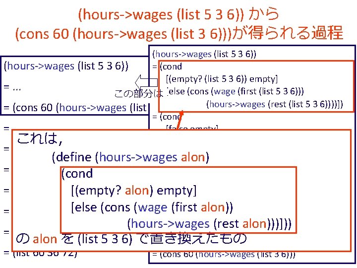 (hours->wages (list 5 3 6)) から (cons 60 (hours->wages (list 3 6)))が得られる過程 (hours->wages (list