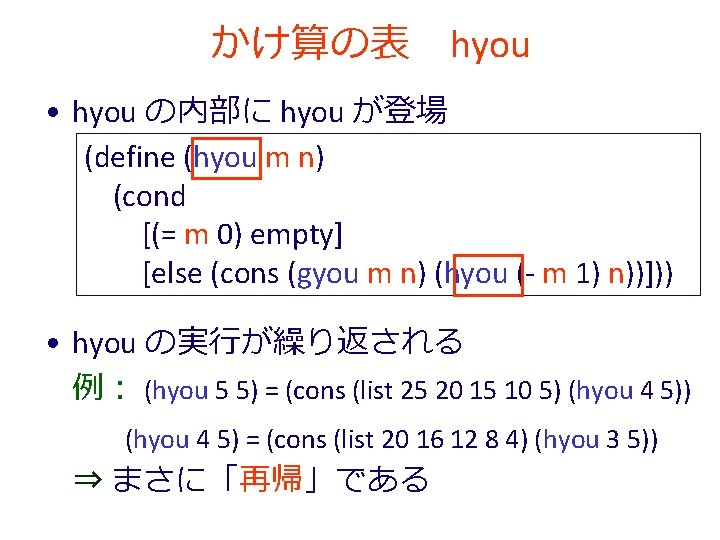 かけ算の表　hyou • hyou の内部に hyou が登場 (define (hyou m n) (cond [(= m 0)