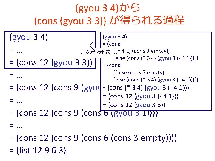(gyou 3 4)から (cons (gyou 3 3)) が得られる過程 (gyou 3 4) = (cond =…