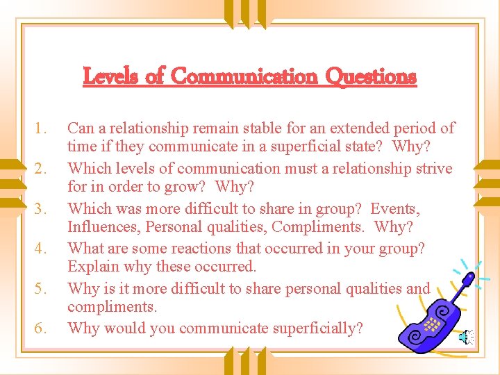 Levels of Communication Questions 1. 2. 3. 4. 5. 6. Can a relationship remain
