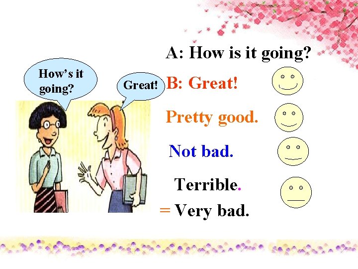 A: How is it going? How’s it going? Great! B: Great! Pretty good. Not