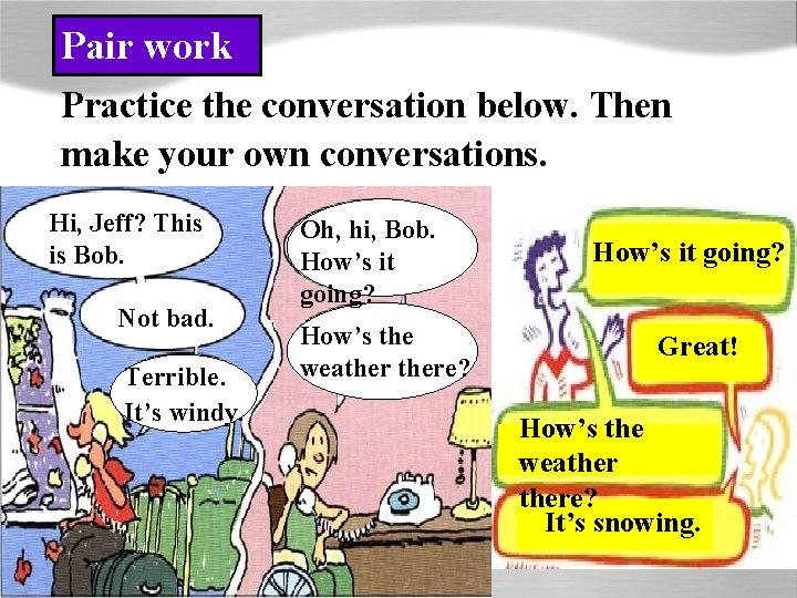 Pair work Practice the conversation below. Then make your own conversations. Hi, Jeff? This