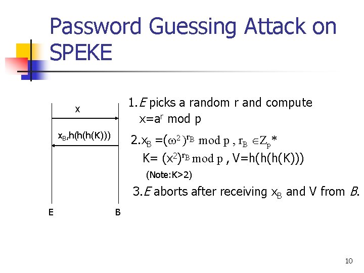 Password Guessing Attack on SPEKE 1. E picks a random r and compute x=ar Password Guessing Attack on SPEKE 1. E picks a random r and compute x=ar