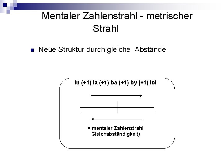 Mentaler Zahlenstrahl - metrischer Strahl n Neue Struktur durch gleiche Abstände lu (+1) la Mentaler Zahlenstrahl - metrischer Strahl n Neue Struktur durch gleiche Abstände lu (+1) la