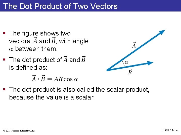 The Dot Product of Two Vectors § The figure shows two vectors, and ,