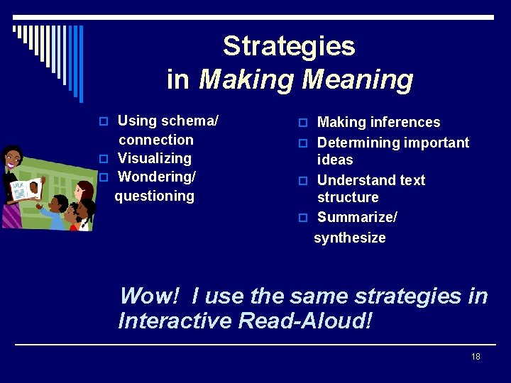 Strategies in Making Meaning o Using schema/ o Making inferences connection o Visualizing o