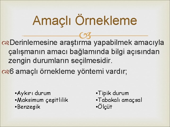 Amaçlı Örnekleme Derinlemesine araştırma yapabilmek amacıyla çalışmanın amacı bağlamında bilgi açısından zengin durumların seçilmesidir.