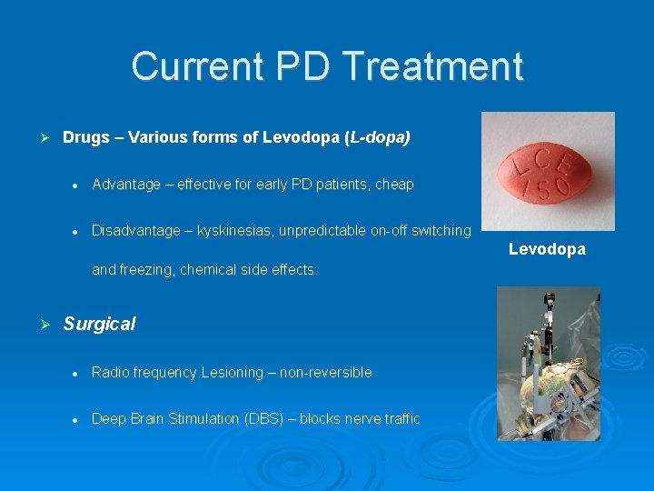 Current PD Treatment Drugs – Various forms of Levodopa (L-dopa) Advantage – effective for