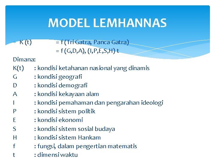 MODEL LEMHANNAS K (t) = f (Tri Gatra, Panca Gatra) = f (G, D,
