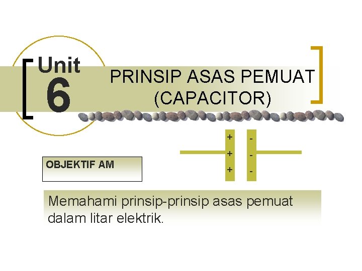 Unit 6 PRINSIP ASAS PEMUAT (CAPACITOR) OBJEKTIF AM + - + - Memahami prinsip-prinsip