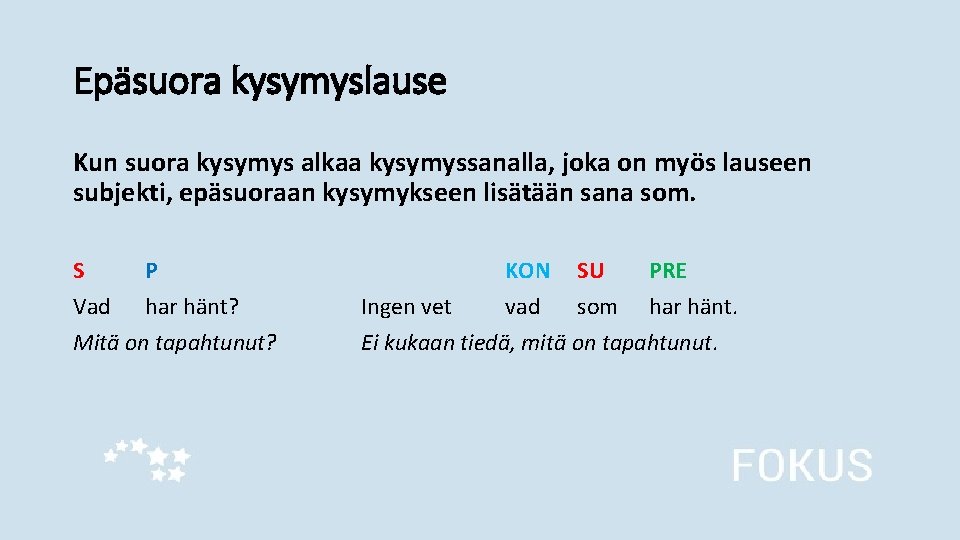 Epäsuora kysymyslause Kun suora kysymys alkaa kysymyssanalla, joka on myös lauseen subjekti, epäsuoraan kysymykseen