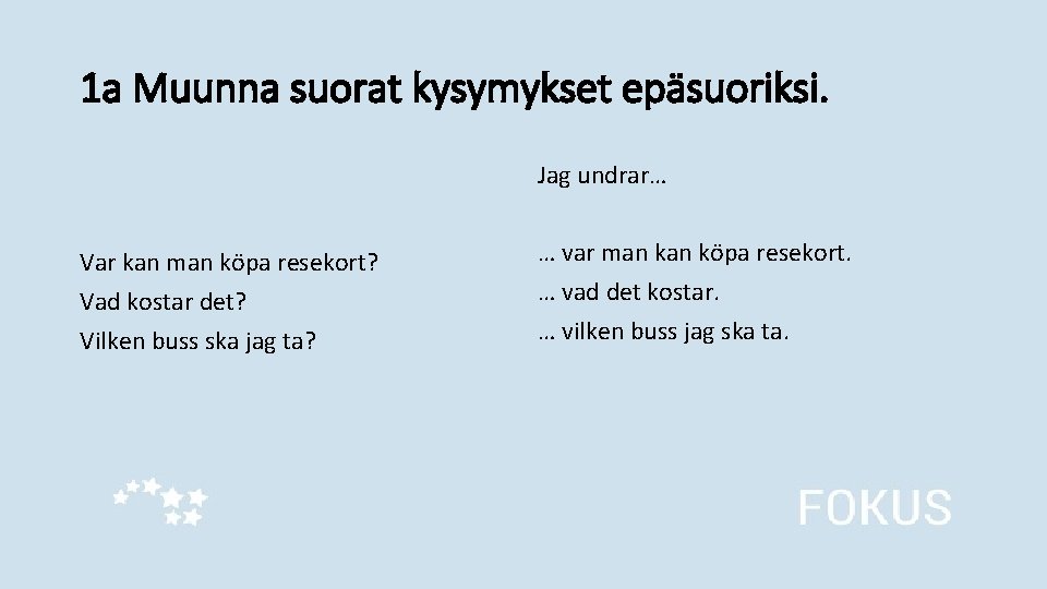 1 a Muunna suorat kysymykset epäsuoriksi. Jag undrar… Var kan man köpa resekort? Vad