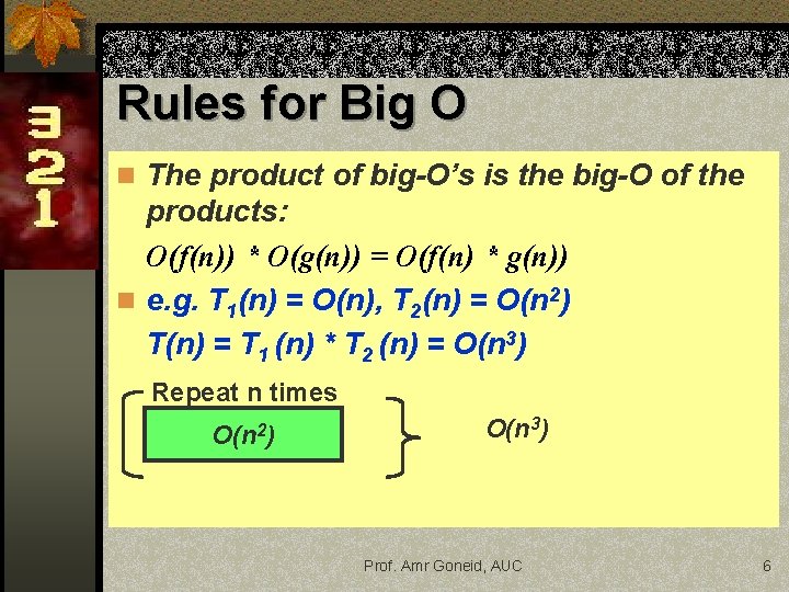 Rules for Big O n The product of big-O’s is the big-O of the