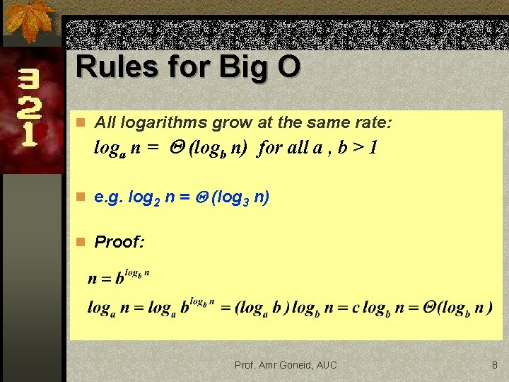 Rules for Big O n All logarithms grow at the same rate: loga n