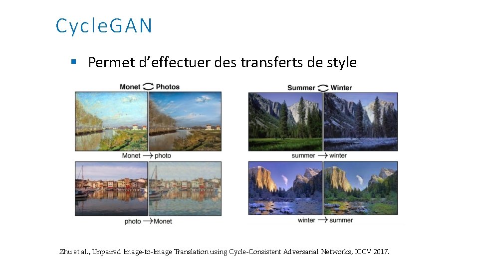 Cycle. GAN § Permet d’effectuer des transferts de style Zhu et al. , Unpaired