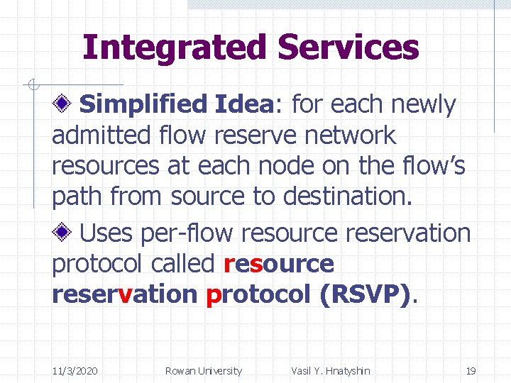 Integrated Services Simplified Idea: for each newly admitted flow reserve network resources at each