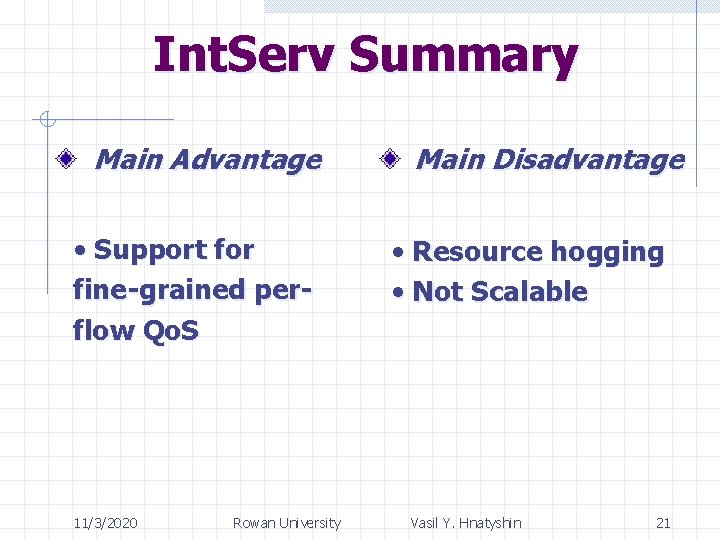 Int. Serv Summary Main Advantage • Support for fine-grained perflow Qo. S 11/3/2020 Rowan