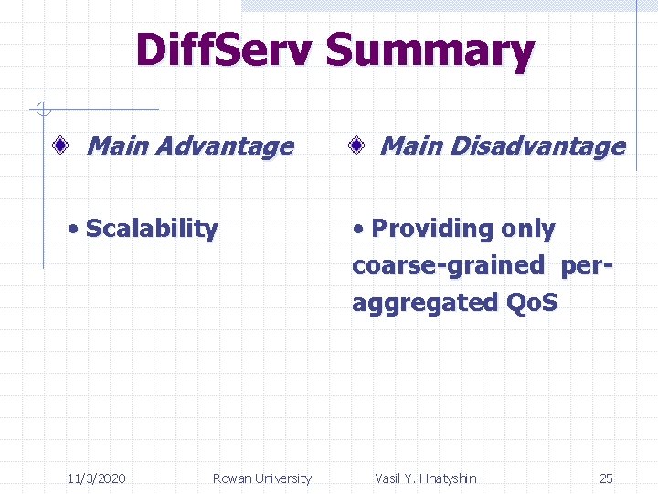 Diff. Serv Summary Main Advantage • Scalability 11/3/2020 Rowan University Main Disadvantage • Providing