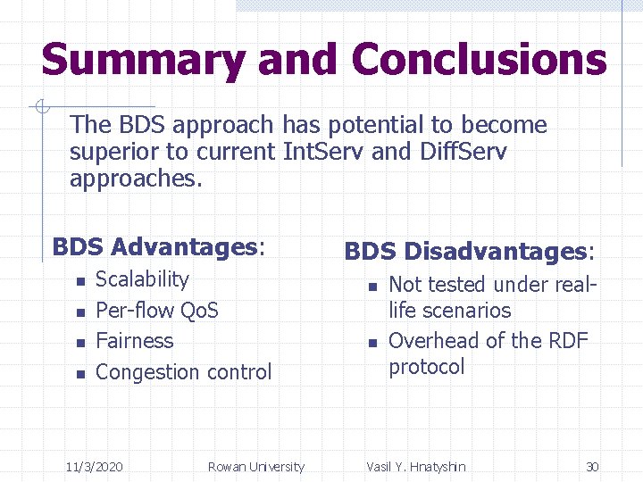 Summary and Conclusions The BDS approach has potential to become superior to current Int.