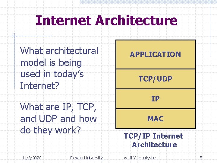 Internet Architecture What architectural model is being used in today’s Internet? What are IP,