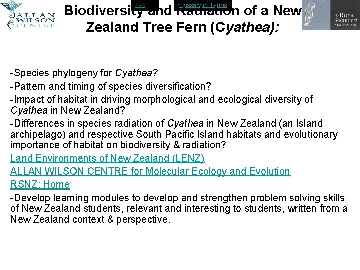 Exit Glossary of Terms Biodiversity and Radiation of a New Zealand Tree Fern (Cyathea):