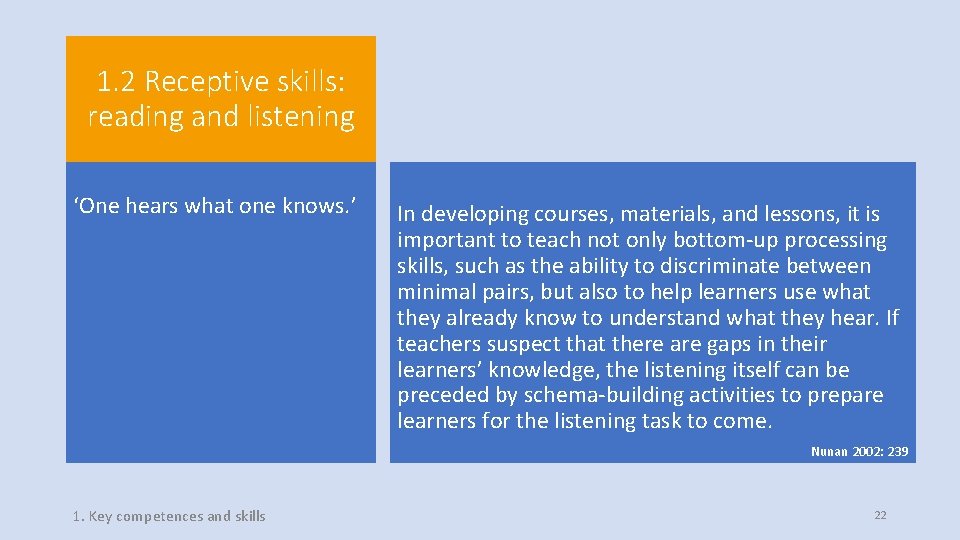 1. 2 Receptive skills: reading and listening ‘One hears what one knows. ’ In 1. 2 Receptive skills: reading and listening ‘One hears what one knows. ’ In