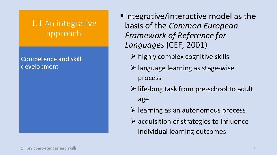 1. 1 An integrative approach Competence and skill development 1. Key competences and skills 1. 1 An integrative approach Competence and skill development 1. Key competences and skills