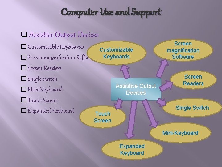 Computer Use and Support q Assistive Output Devices � Customizable Keyboards � Screen magnification