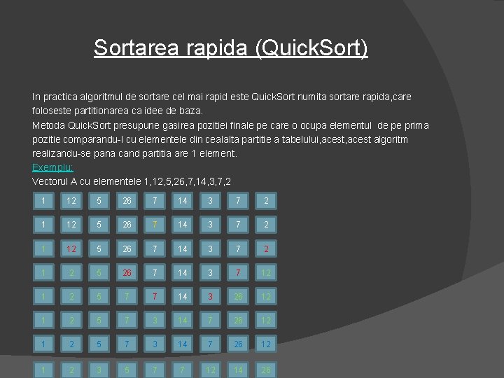 Sortarea rapida (Quick. Sort) In practica algoritmul de sortare cel mai rapid este Quick.