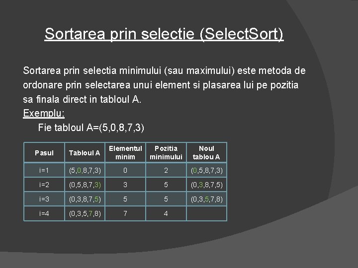 Sortarea prin selectie (Select. Sort) Sortarea prin selectia minimului (sau maximului) este metoda de