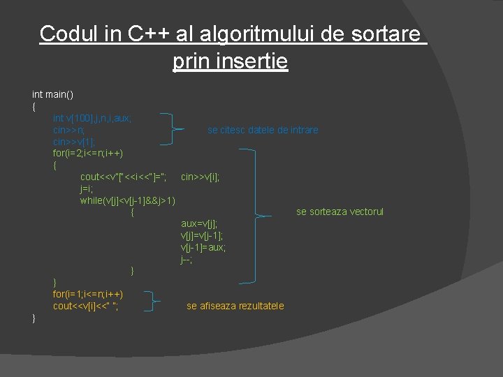 Codul in C++ al algoritmului de sortare prin insertie int main() { int v[100],
