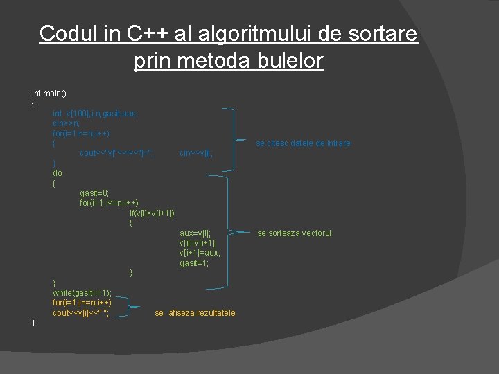 Codul in C++ al algoritmului de sortare prin metoda bulelor int main() { int