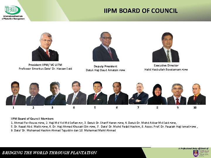 IIPM BOARD OF COUNCIL President IIPM/ VC Ui. TM Professor Emeritus Dato’ Dr. Hassan
