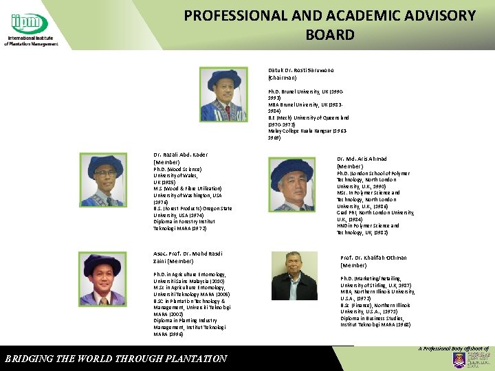 PROFESSIONAL AND ACADEMIC ADVISORY BOARD Datuk Dr. Rosti Saruwono (Chairman) Ph. D. Brunel University,