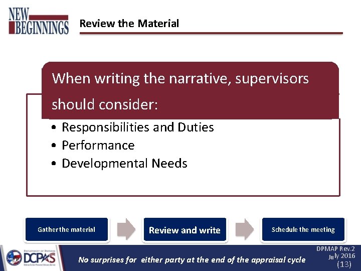 Review the Material When writing the narrative, supervisors should consider: • Responsibilities and Duties