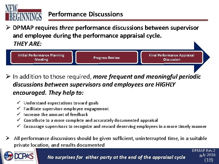 Performance Discussions DPMAP requires three performance discussions between supervisor and employee during the performance