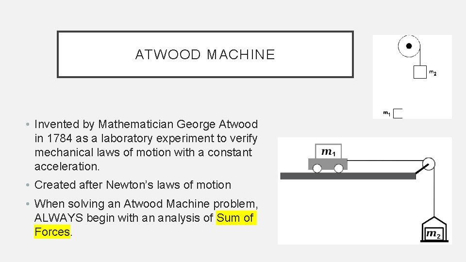 ATWOOD MACHINE • Invented by Mathematician George Atwood in 1784 as a laboratory experiment