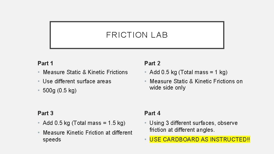 FRICTION LAB Part 1 Part 2 • Measure Static & Kinetic Frictions • Add