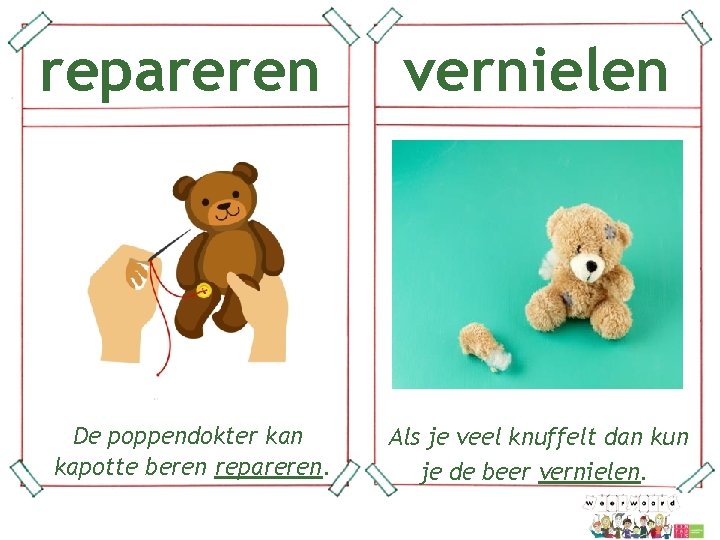repareren vernielen De poppendokter kan kapotte beren repareren. Als je veel knuffelt dan kun