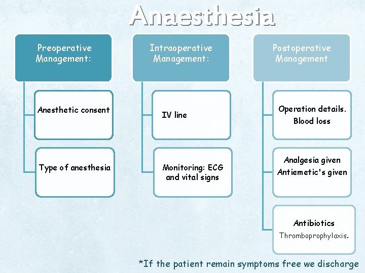 Preoperative Management: Anesthetic consent Type of anesthesia Anaesthesia plan Intraoperative Management: IV line Monitoring: Preoperative Management: Anesthetic consent Type of anesthesia Anaesthesia plan Intraoperative Management: IV line Monitoring: