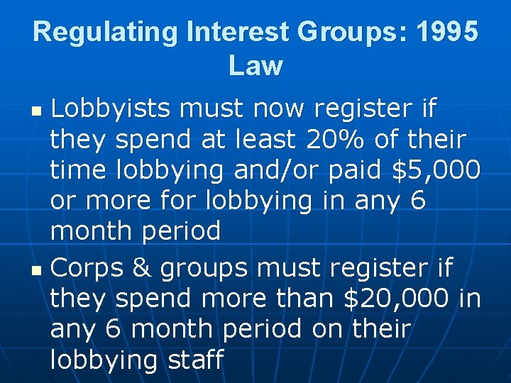 Regulating Interest Groups: 1995 Law Lobbyists must now register if they spend at least