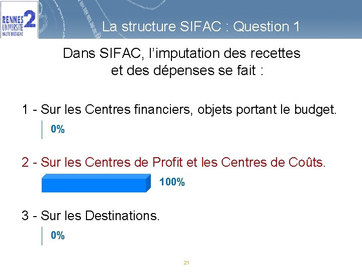 La structure SIFAC : Question 1 Dans SIFAC, l’imputation des recettes et des dépenses