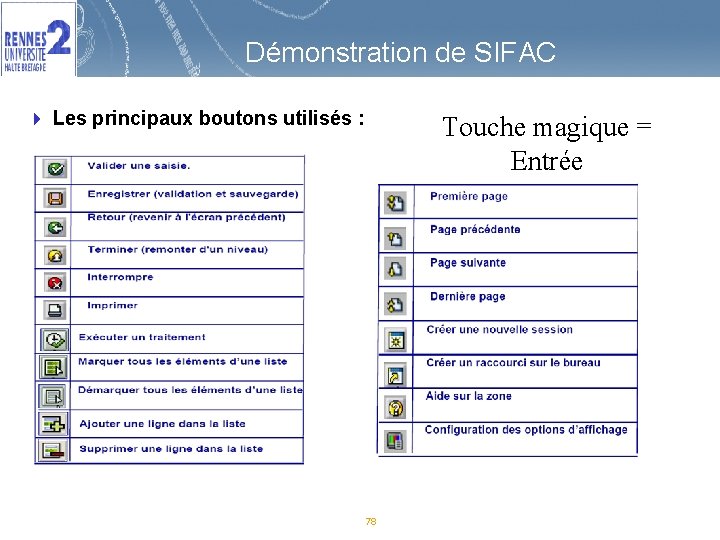 Démonstration de SIFAC 4 Les principaux boutons utilisés : Touche magique = Entrée 78