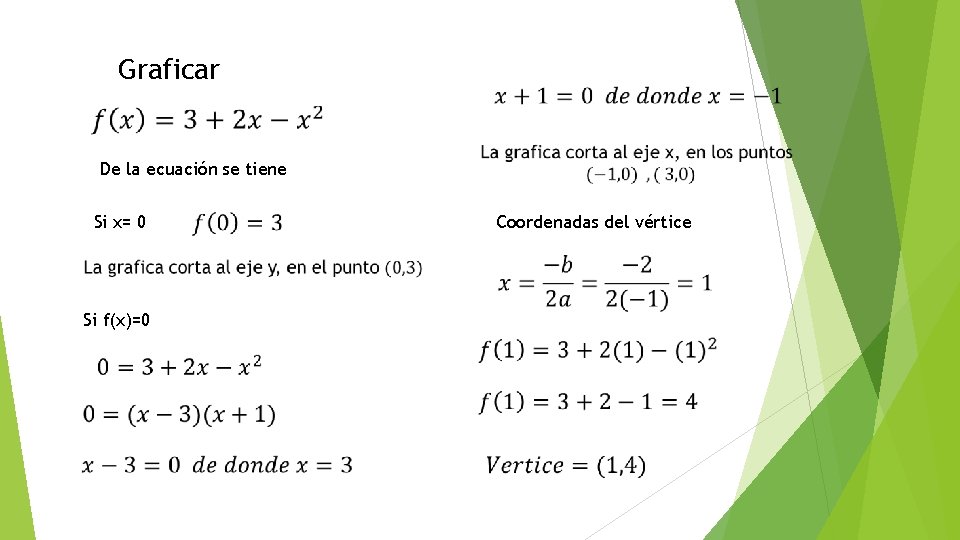 Graficar De la ecuación se tiene Si x= 0 Coordenadas del vértice Si f(x)=0