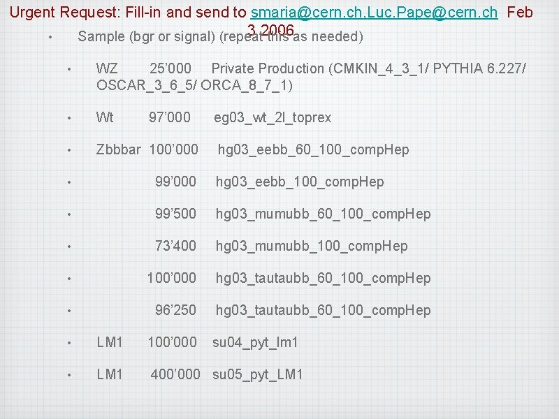 Urgent Request: Fill-in and send to smaria@cern. ch, Luc. Pape@cern. ch Feb 3 2006